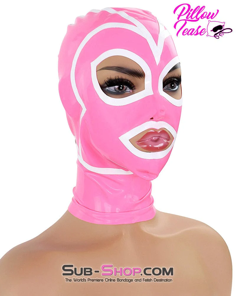 1468DL Pink Latex Hood with White Lined Eye and Mouth Openings - Image 11
