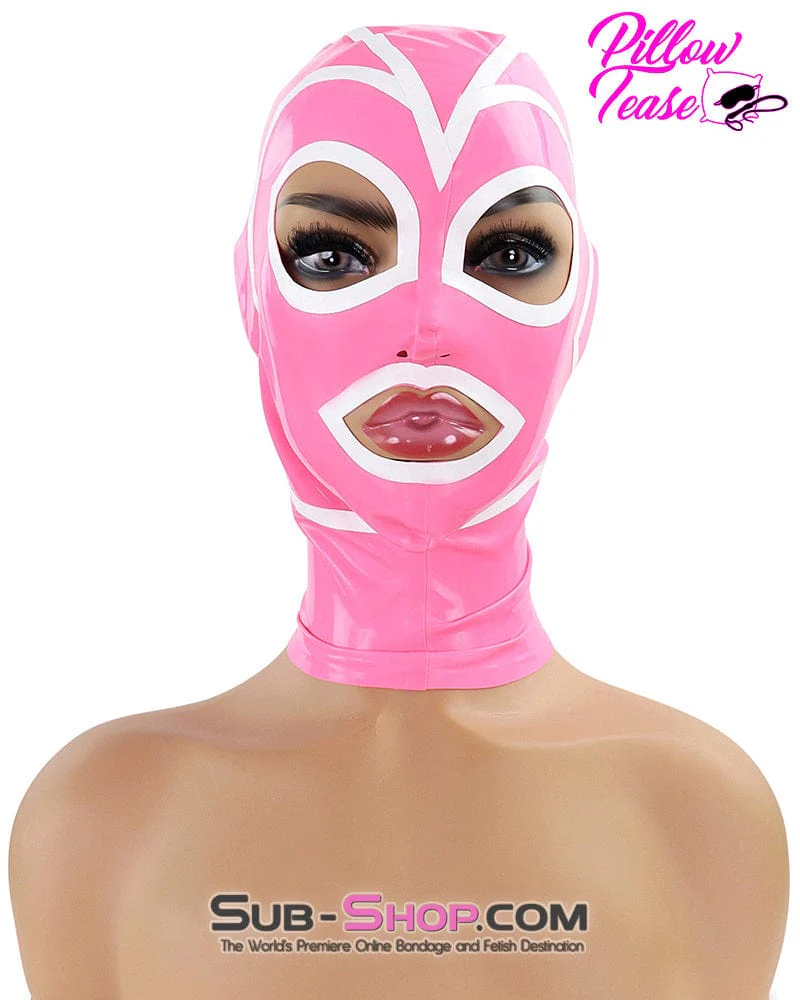 1468DL Pink Latex Hood with White Lined Eye and Mouth Openings - Image 14