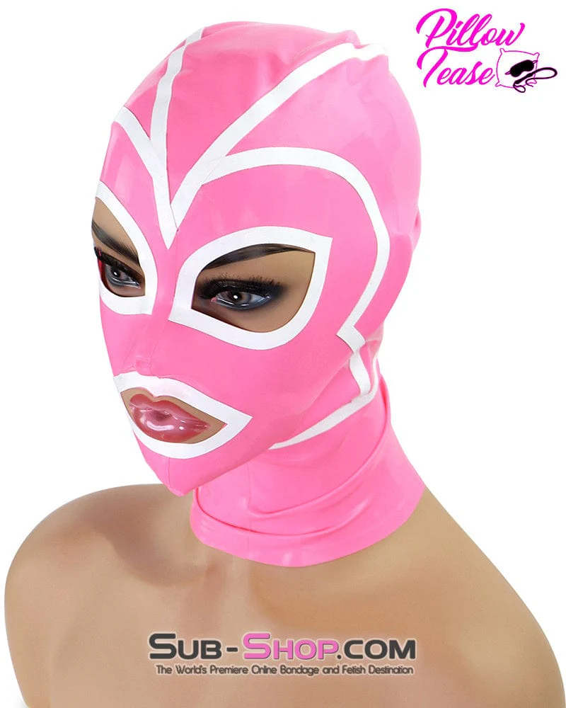 1468DL Pink Latex Hood with White Lined Eye and Mouth Openings - Image 15