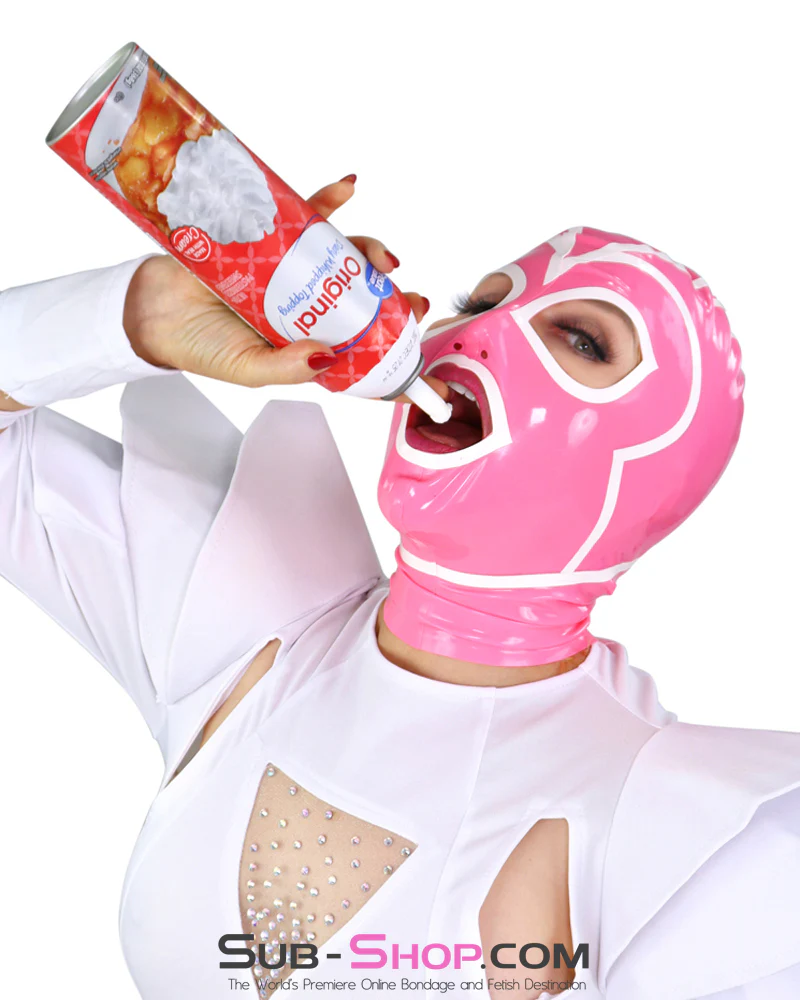 1468DL Pink Latex Hood with White Lined Eye and Mouth Openings - Image 7