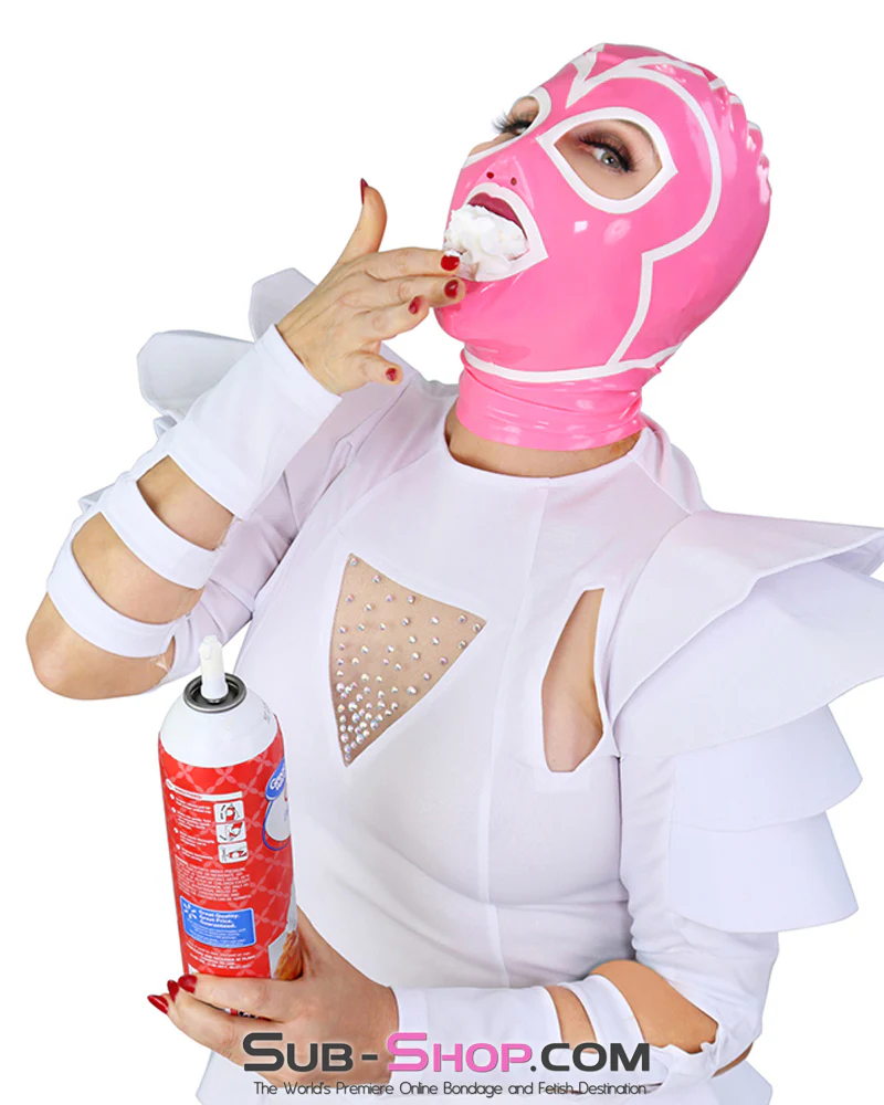 1468DL Pink Latex Hood with White Lined Eye and Mouth Openings - Image 8