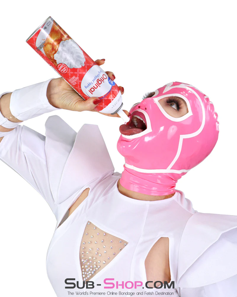 1468DL Pink Latex Hood with White Lined Eye and Mouth Openings - Image 9
