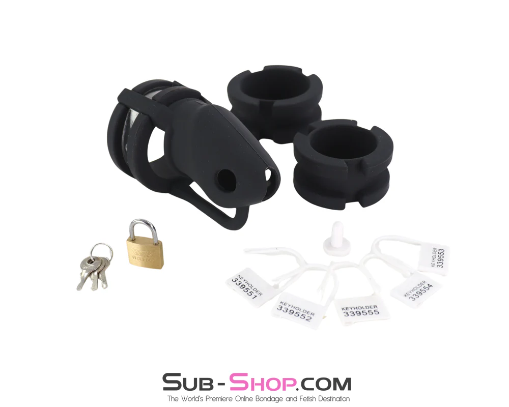 3780HS   Black Silicone Male Chastity Cage Set - Locking Chastity Device with Rings and Padlock - Image 6