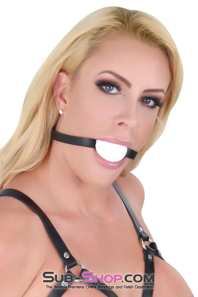 1502A       Thin Strap Buckling Ball Gag, Black Leather Strap, White Ball - Image 3