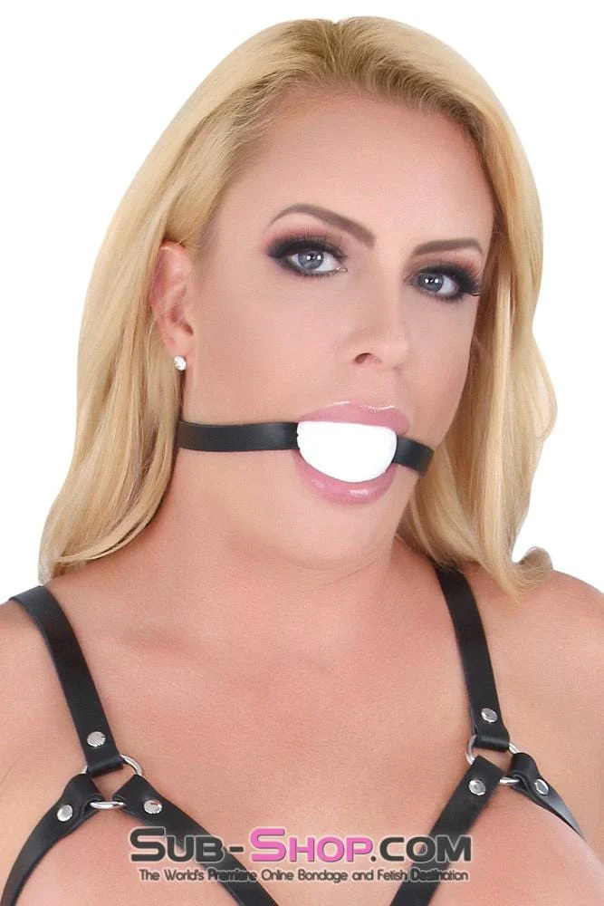 1502A       Thin Strap Buckling Ball Gag, Black Leather Strap, White Ball - Image 4