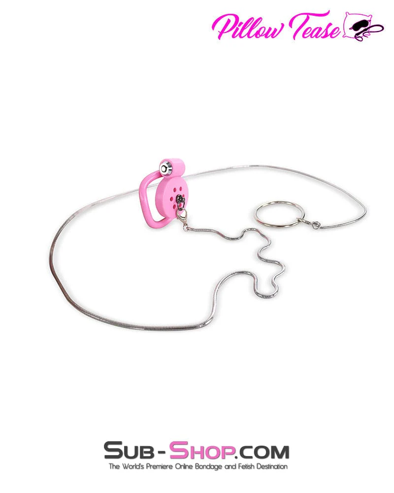 9020DL Ultra-Secure Flat Pink Locking Chastity Cage with Lead Chain & 5 Base Rings - Image 3