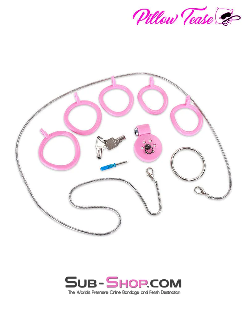 9020DL Ultra-Secure Flat Pink Locking Chastity Cage with Lead Chain & 5 Base Rings - Image 4