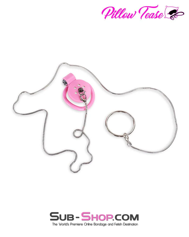 9020DL Ultra-Secure Flat Pink Locking Chastity Cage with Lead Chain & 5 Base Rings - Image 6