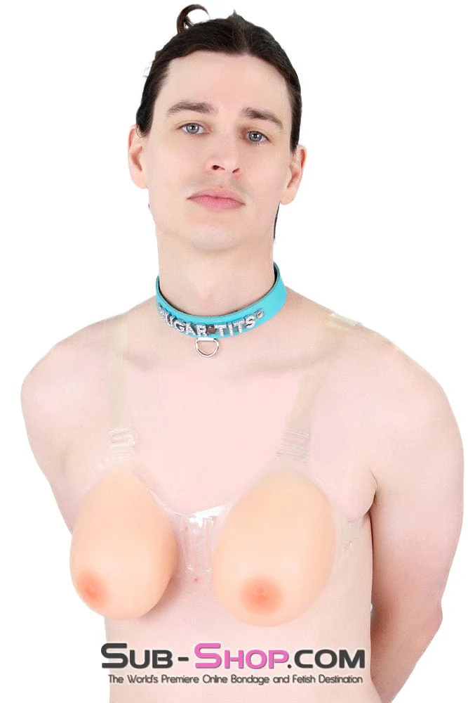 9877RS-SIS      Gia Real Forced Feminization Fantasy Female Led Relationship Feel Silicone Crossdressing Sissy Breast Forms with Nipples and Clear Straps, DD Cup - Image 3