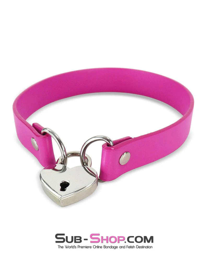 1516DL Heart Beat Pink Leatherette Padlock Slave Charm Collar - Image 4