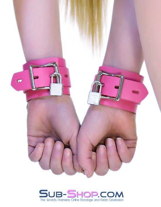 5733A      Kept Woman Locking Hot Pink Leather Bondage Wrist Cuffs - Image 5