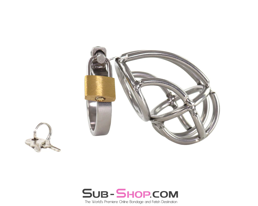 7156AR   Stainless Steel Short Chastity Cage - Locking Male Chastity Device with Padlock - Image 4