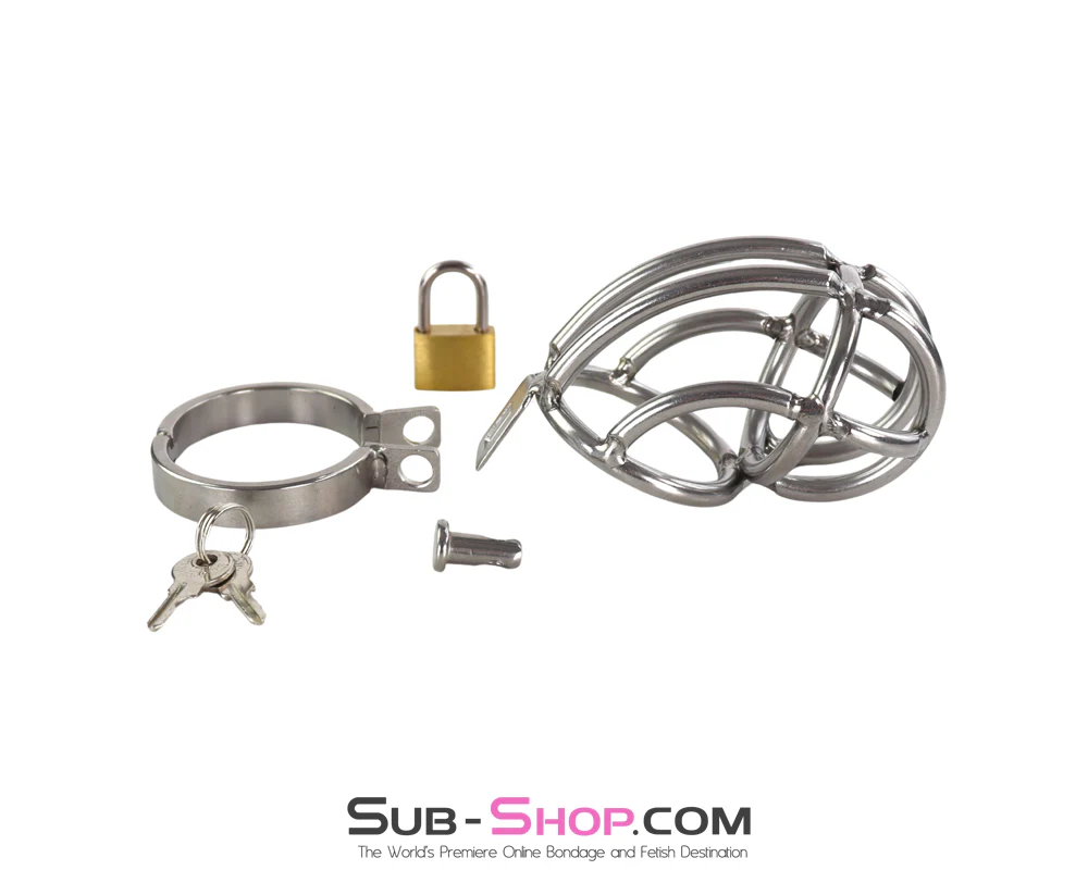 7156AR   Stainless Steel Short Chastity Cage - Locking Male Chastity Device with Padlock - Image 5
