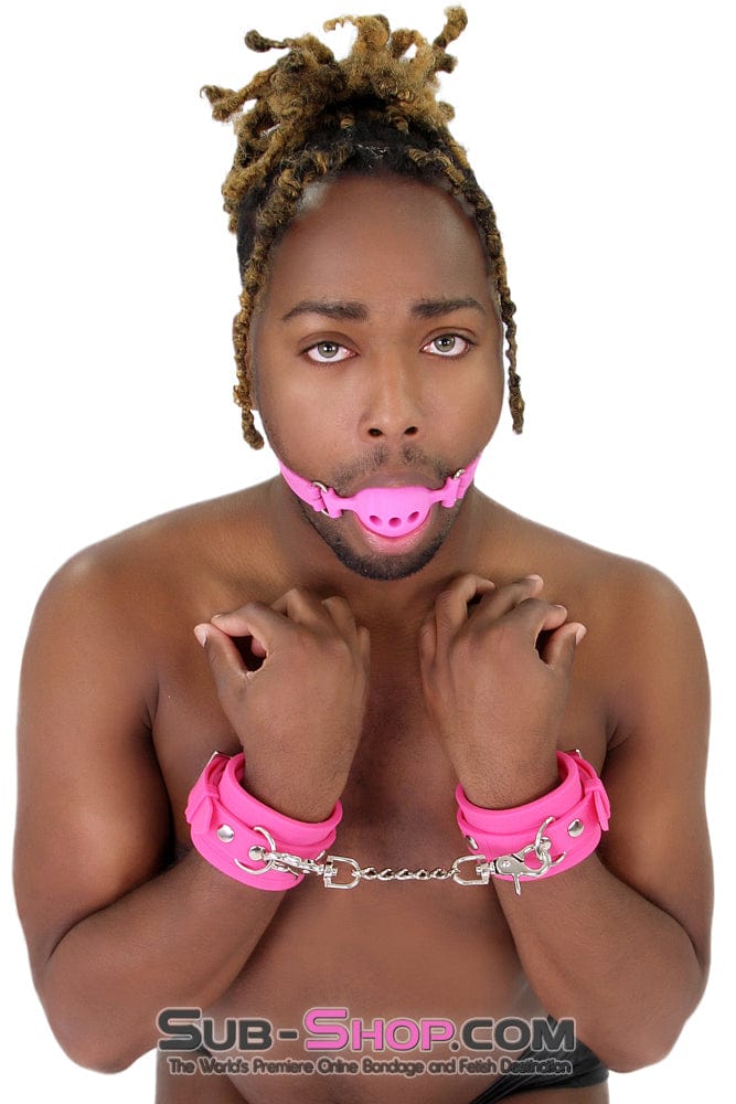 3779M-SIS      Locked Up Sissy Hot Pink Heavy Silicone Wrist Bondage Cuffs - Image 15