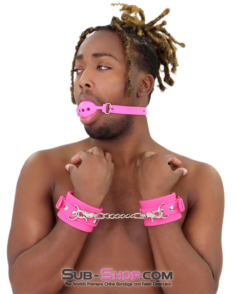 3779M-SIS      Locked Up Sissy Hot Pink Heavy Silicone Wrist Bondage Cuffs - Image 16