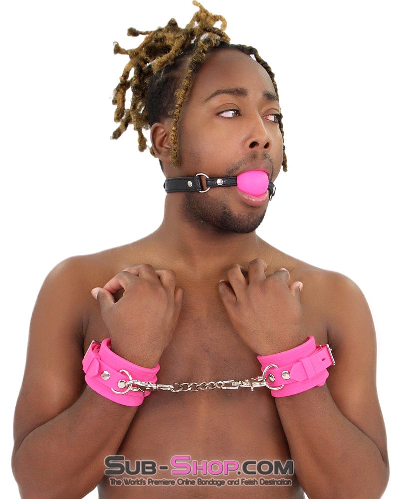 3779M-SIS      Locked Up Sissy Hot Pink Heavy Silicone Wrist Bondage Cuffs - Image 3