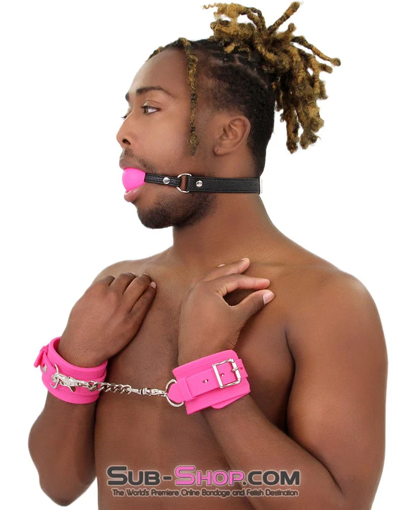 3779M-SIS      Locked Up Sissy Hot Pink Heavy Silicone Wrist Bondage Cuffs - Image 5