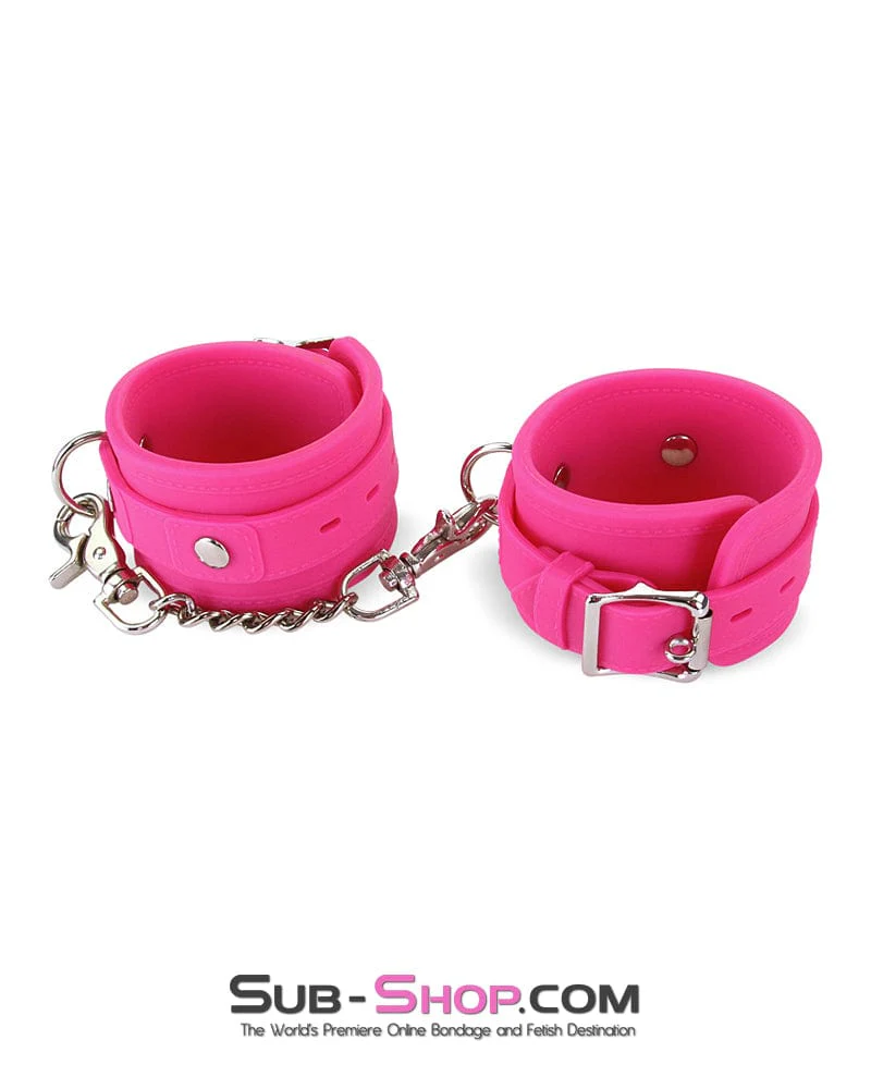 3779M-SIS      Locked Up Sissy Hot Pink Heavy Silicone Wrist Bondage Cuffs - Image 6