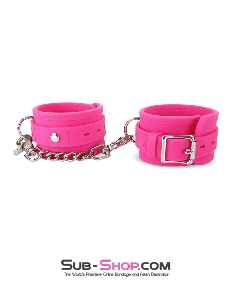 3779M-SIS      Locked Up Sissy Hot Pink Heavy Silicone Wrist Bondage Cuffs - Image 9
