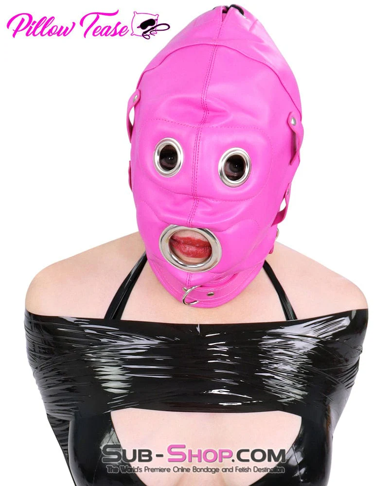 4730RS Hot Pink Locking Bondage Hood with Removable Dildo Gag & Blindfold - Image 6