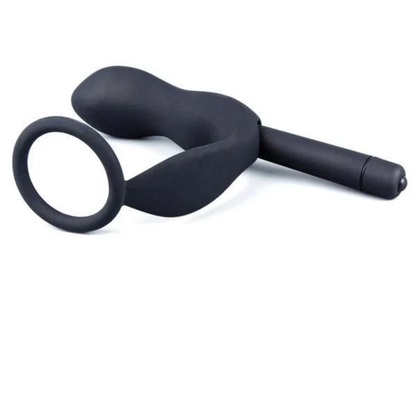 6838M      Vibrating Black Silicone 2 Point Prostate Pleaser with Cock Ring - Image 4